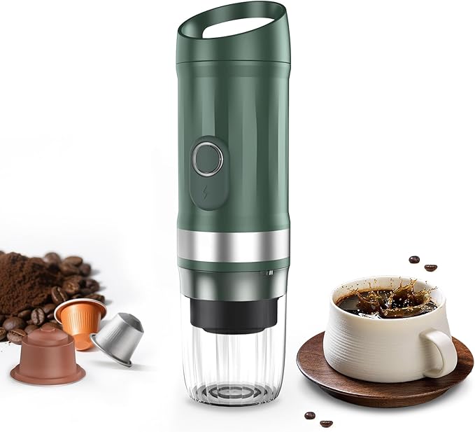 Portable Espresso Machine 3Minute Auto Heat12V Rechargeable Electri Coffee Maker 20 BaCompatible with NS DG Capsules and GroundCoffee for Camping Travelling RVing HikingandOffice (Green)