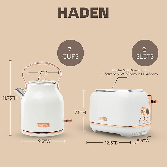 Haden Heritage 2 Slice Wide Slot Stainless Steel Toaster Bundled with 1.7 Liter Stainless Steel Electric Water Kettle Ivory &amp Copper