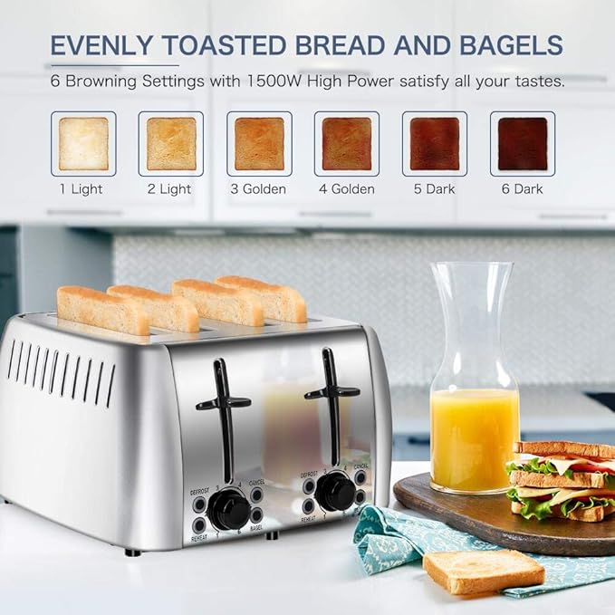 Toaster 4 Slice Stainless Steel Bagel Toaster Extra Wide Slots with 6 Browning Setting Bagel/Reheat/Defrost/Cancel Function for Toasting Bread Bagels and Waffles 1500W Silver