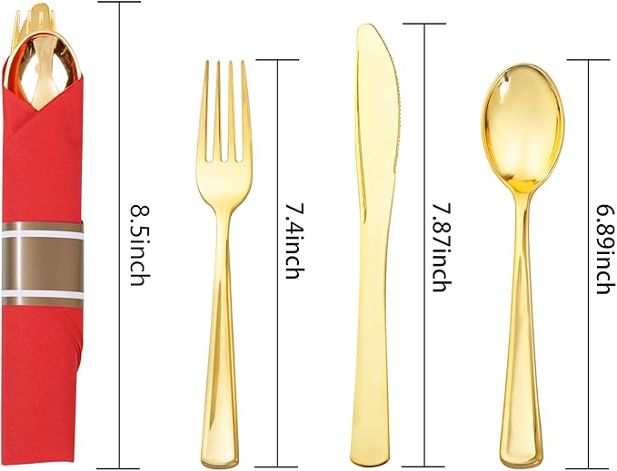Nervure 400PCS Pre Rolled Gold Plastic Silverware Sets - Heavy Duty Gold Cutlery - Include 100 Pack Wrapped Disposable Utensils with Red Napkins for Christmas &amp Party &amp Wedding