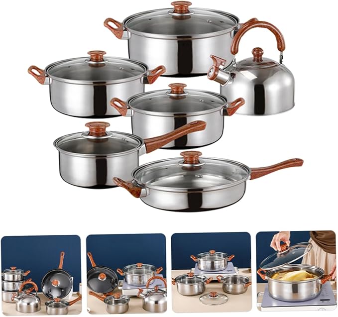 Amosfun 12-Piece Heavy-Duty Stainless Steel Cookware Set Induction Compatible Includes Soup Pot Fry Pan Small Milk Pan and Kettle for Home Kitchen