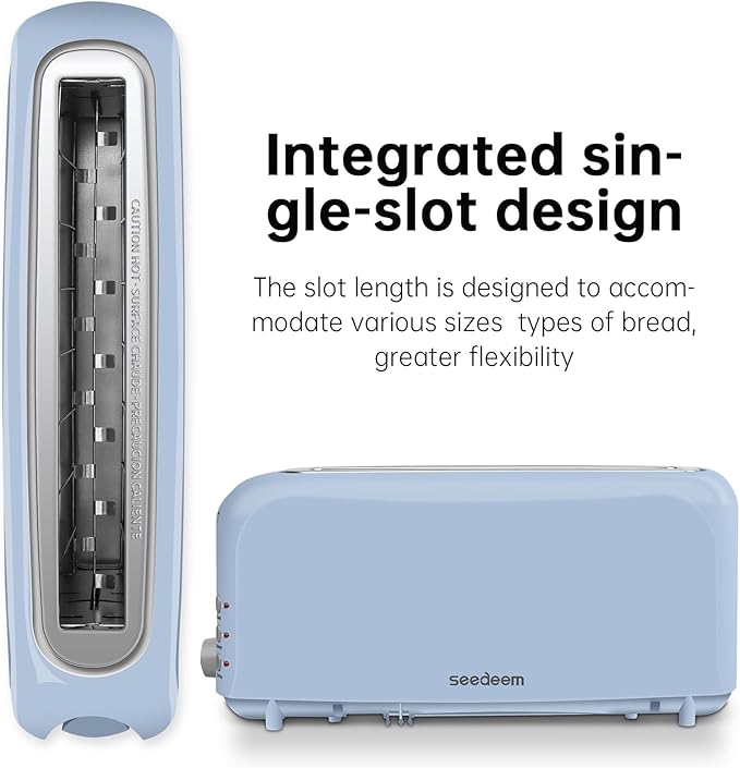 SEEDEEM 2 Slice Slim Toaster Single 10 Long Slot Toaster Fits Bagels &amp Artisan Bread 6 Shade Settings Cancel/Reheat/Defrost Removable Crumb Tray Auto Shut-Off Blue