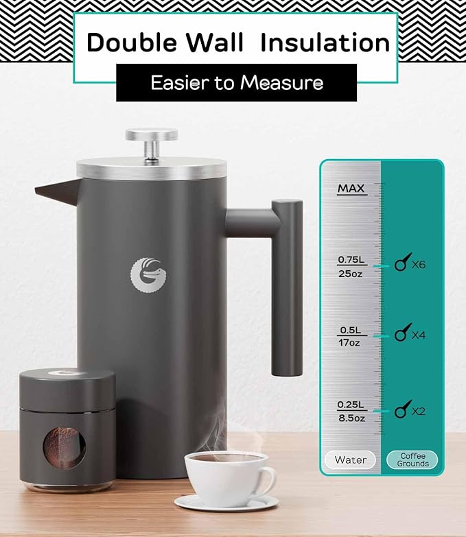 Coffee Gator French Press Coffee Maker 34oz and Coffee Canister 22oz Airtight Stainless Steel