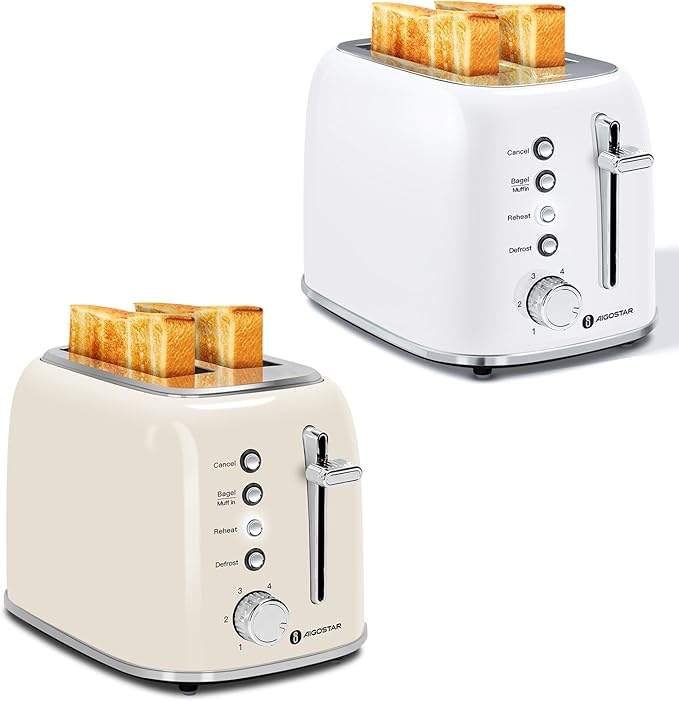 Aigostar Toaster 2 Slice Retro Stainless Steel 1.6 inch Extra Wide Slots Bread Toaster Bagel Cancel Defrost Function 6 Shade Settings &amp Removable Crumb Tray Waffle Tortilla