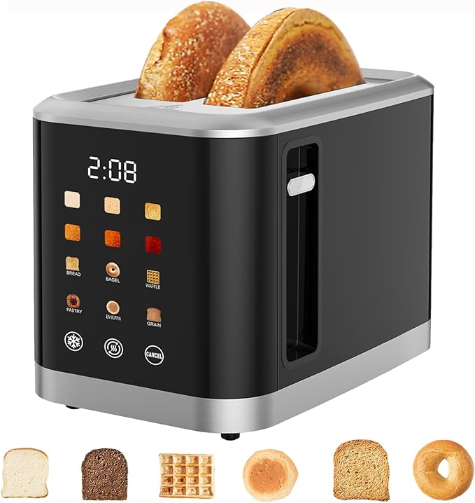 Touch screen Toaster 2 Slice Digital Timer Toasters with 6 Bread Types &amp 6 Shade Settings Smart Extra Wide Slots Toaster with Bagel Defrost Reheat Cancel Function