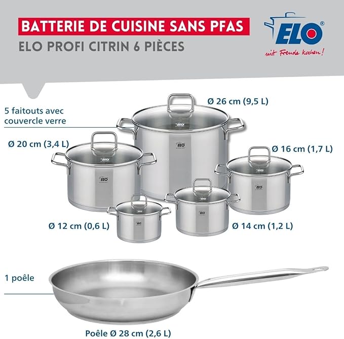 ELO 9698350 6-Piece Cookware Set 1 Frying Pan 28 cm and 5 Saucepans 12 14 16 20 and 26 cm Elo Profi Citrine Stainless Steel Induction