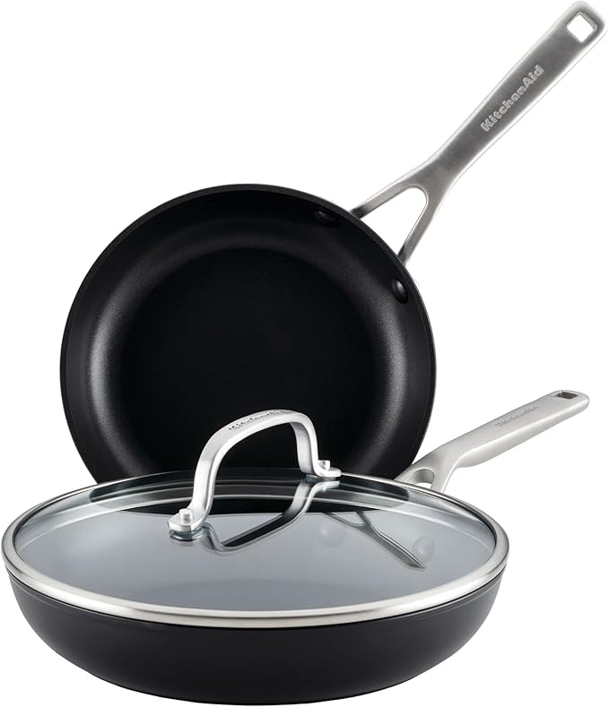 KitchenAid Hard Anodized Induction Nonstick Frying Pan Set With Lid 3-Piece – 8 &amp 10 Inch Skillets Durable Even Heating Dishwasher &amp Oven Safe Easy-Clean Matte Black
