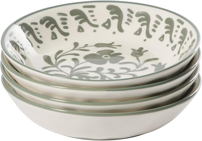Bloomhouse - 2-Time Oprah’s Favorite Things - Valencia Flor 4 Piece Dinner Bowl Set 8” Stoneware Pasta Bowls Mediterranean Floral Decal Design Microwave &amp Dishwasher Safe Fern Green
