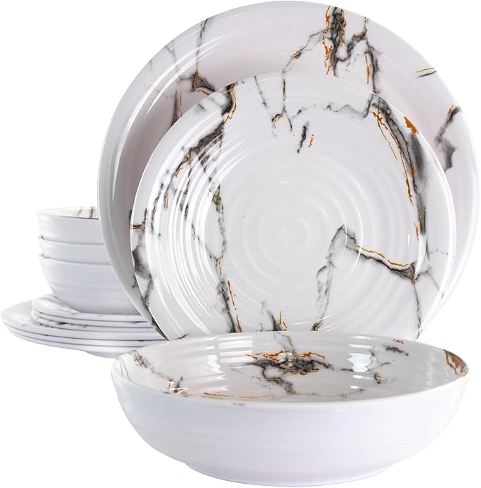 12 Piece Lightweight Melamine Dinnerware Set – Shatter-Resistant Dish Set for 4 with Plates and Bowls – Outdoor &amp Indoor Unbreakable Dinnerware (White)