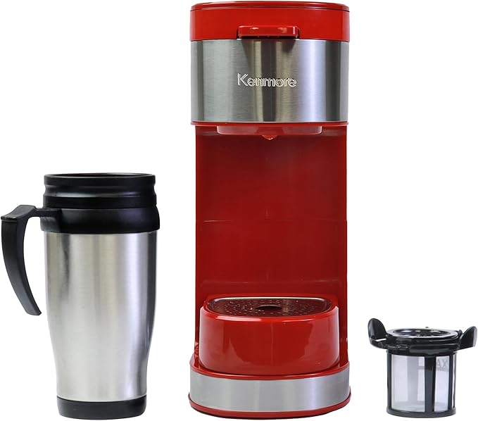 Kenmore Single Serve Coffee Maker – 6–14 Oz Brew Sizes Compatible with Keurig K‑Cup Pods &amp Ground Coffee One Cup Brewer Travel Mug Friendly Auto Shut‑Off Hot &amp Iced maquina de cafe Red