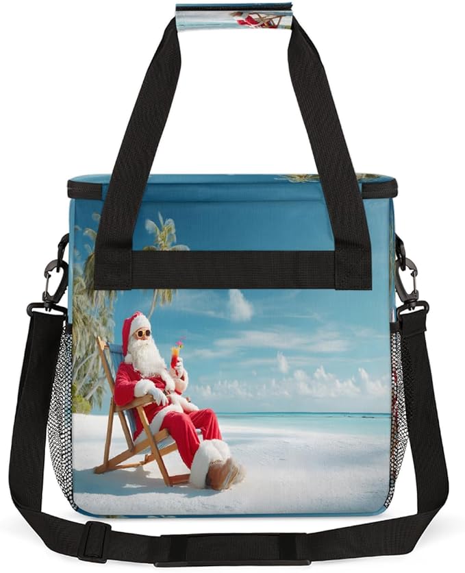 Merry Christmas Funny Santa Claus Beach Coffee Maker Carring Bag Travel Carrying Storage Tote Bag Compatible with Keurig K-Mini or K-Mini Plus Portable Single Serve Coffee Brewer Case with Pockets