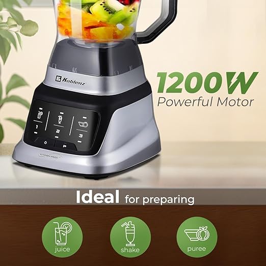 Koblenz Professional Countertop Blender 1200W Stainless Steel 3 Smart Programs Touch Screen Pulse 68 oz Jar Ultra-Quiet Black/Chrome LKM-9406