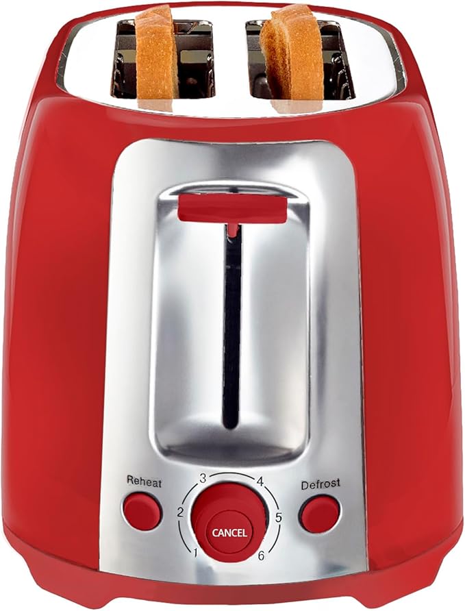 Aiwa Toaster 2 Slice Wide Slot Reheat and Defrost Function 6 Browning Settings Drop Down Crumb Tray Red