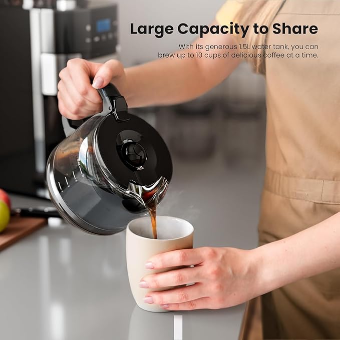 10-Cup Drip Coffee Maker with Built-in Grinder Programmable Grind &amp Brew Combo Coffee Machines with LED Touchscreen 24H Timer 2-Hour Warm Plate Black