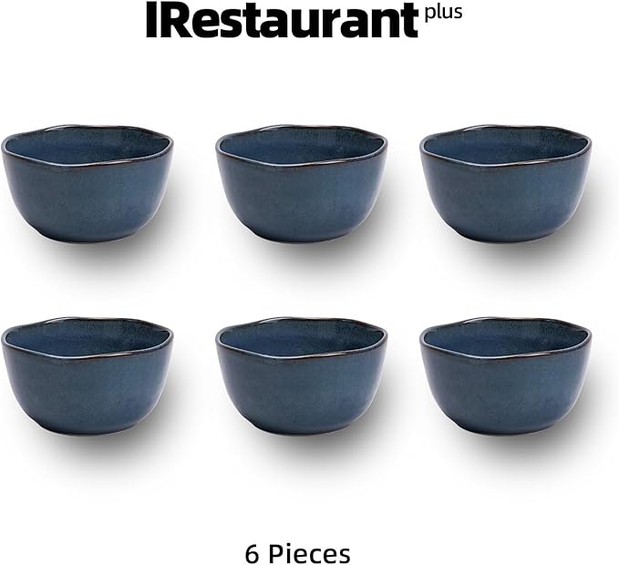 Organic Shape Highland Ceramic Bouillon Cup 6pcs Handmade Reactive Glaze Stoneware Dip Bowls 9oz with Wavy Edge for Kitchen Microwave &amp Dishwasher Safe Scratch Resistant-Blue