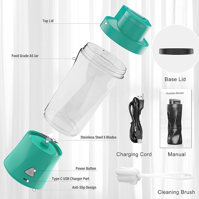 Portable Blender 360W Personal Blender for Shakes and Smoothies for Kitchen 24 Oz BPA Free Traveling Juicer Cup and Lid with 6 Blades Self Cleaning Portable Juicer for Kitchen/Travel/Gym Green