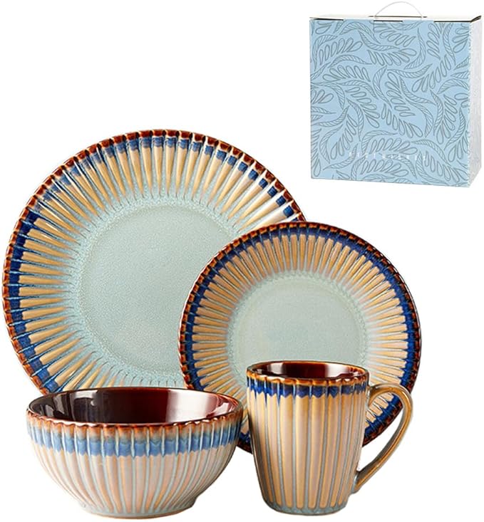 Stoneware Dinnerware Set of 4 4 Pieces Ceramic Dinner Plates Bowl Mug for Kitchen – Unique Gift Idea Scratch Resistant Dishes Dishwasher &amp Microwave Safe (Norwegian Coast)