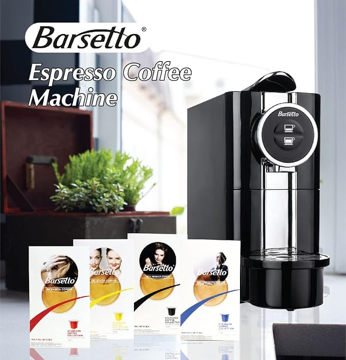 Barsetto One-Touch Espresso Maker with 19 Bar High-Pressure Pump Fast Pre-Heating Short or Long Shots Compatible with Standard Espresso Coffee Pods Black and Silver Automatic Coffee Machine