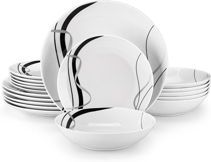 VEWEET Porcelain Dinnerware Sets for 6 18 Pieces Plates and Bowls Set with Black and Grey Ribbon Lines Dishes Set Dining Ware for Dinner Microwave and Dishwasher Safe Series FIONA