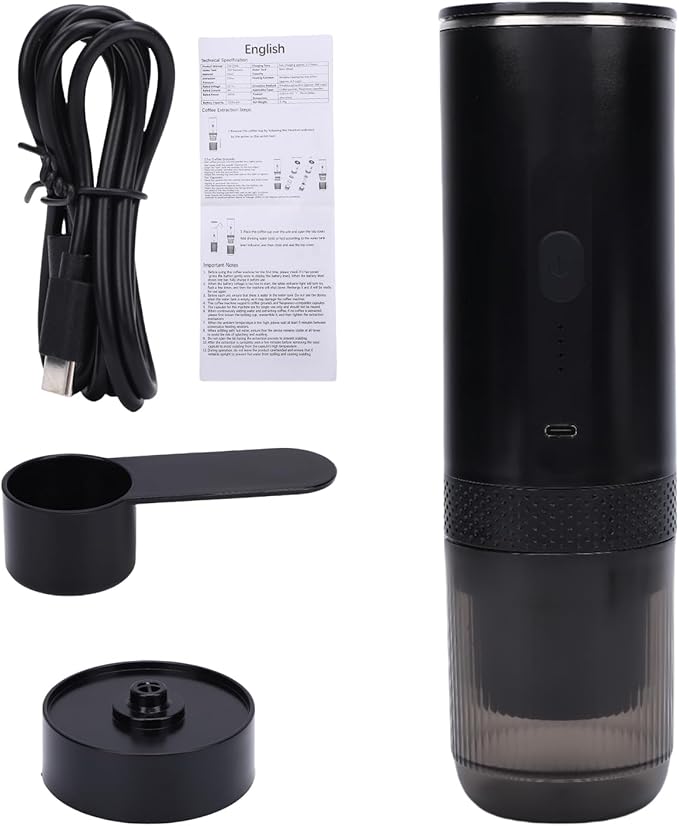Pssopp Coffee Machines Fast Heating Rechargeable 20Bar Pressure Ground Capsules Dual Use Coffee Maker for Outdoor Travel Office Home Portable Maker Portable Machine (Black)