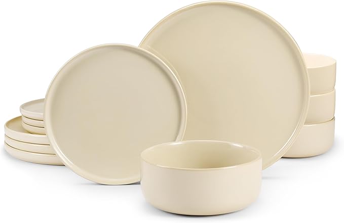 Dinnerware Set 12 Piece by Vase and Vessel Ceramic 10.5” Dinner Plates 8.2” Salad Plates and 25 oz Soup Bowls Stoneware Microwave and Dishwasher Safe 12 Piece Set Beige Somerset Collection