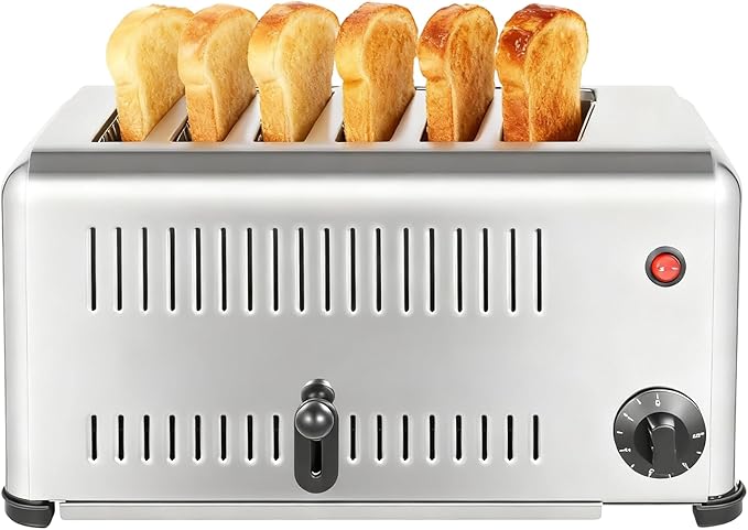 Commercial 6 Slice Toaster 1680W 110V 60Hz Bagel Toaster 201 Stainless Steel Bread Baking Machine with 6 Wide Slots and Timing Function for Home and Restaurant 16.93 x 8.66 x 8.27 Inch Silver