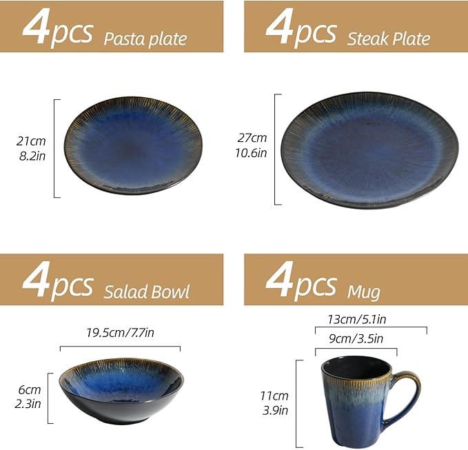 16-Piece Dinnerware Set Blue Gradient Pattern with Relief Design Service for 4 - Includes Dinner Plates Pasta Plates Salad Bowls and Mugs