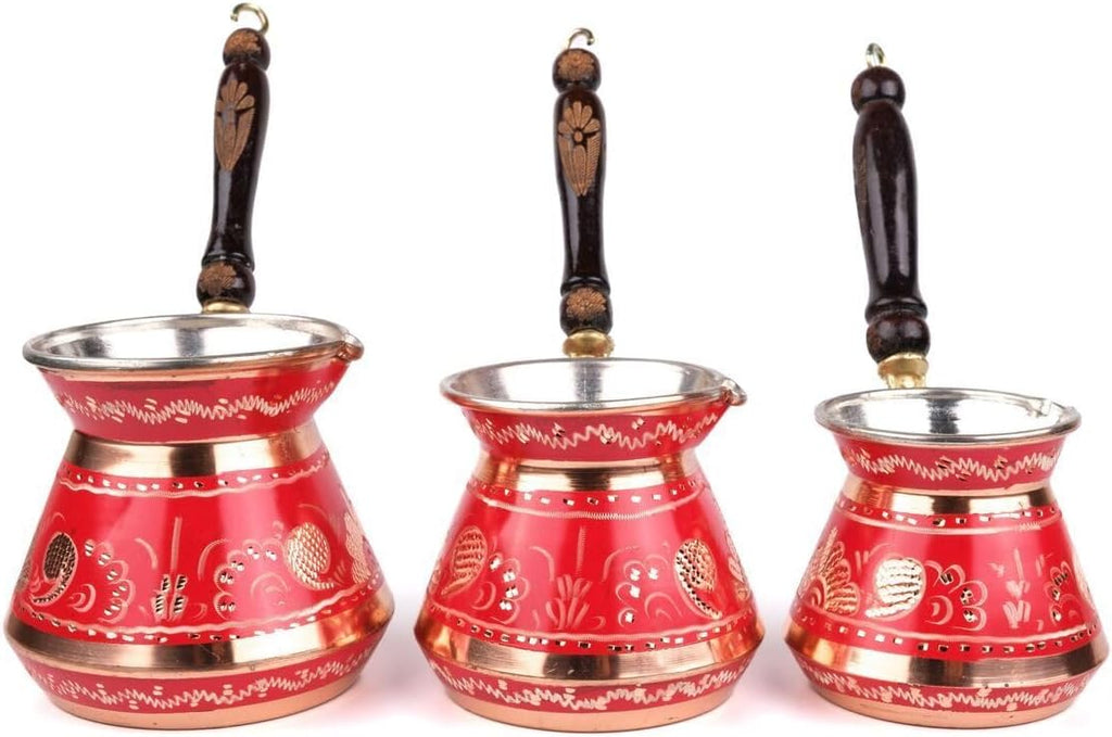 Copper Coffee Pot Set Erzincan Handmade 3-Piece Set 8-6-4 Person Capacity Traditional Turkish Coffee Maker Red Color - Red One Size