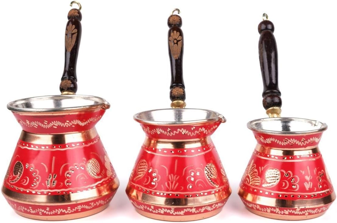 Copper Coffee Pot Set Erzincan Handmade 3-Piece Set 8-6-4 Person Capacity Traditional Turkish Coffee Maker Red Color - Red One Size
