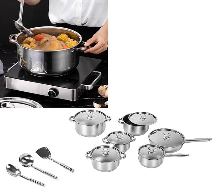 Stainless Steel Cookware Set 4 Soup Pots 2 Pans 1 Spatula 2 Spoons 6 Lids Kitchen Cooking Set with Anti Scald Non Slip Handles for Home Soup Frying Stewing
