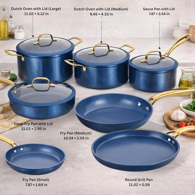 Alpine Cuisine 14-Piece Forged Aluminum Cookware Set with Stainless Steel Handles Induction-Ready Pots &amp Pans Glass Lids with Silicone Rim Blue