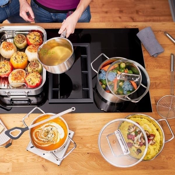 RÖSLE Expertiso Casserole Pot Universal Cooking Container 18/10 Stainless Steel 20 cm Glass Lid Inside Scale Suitable for Induction Cookers Dishwasher Safe