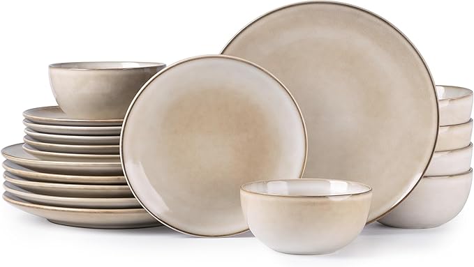 GBHOME Ceramic Dinnerware Sets for 6 18 Pieces Stoneware Plates and Bowls Sets Reactive Glaze Dishes -Scratch Resistant Dishwasher&ampMicrowave Safe-Cappuccino