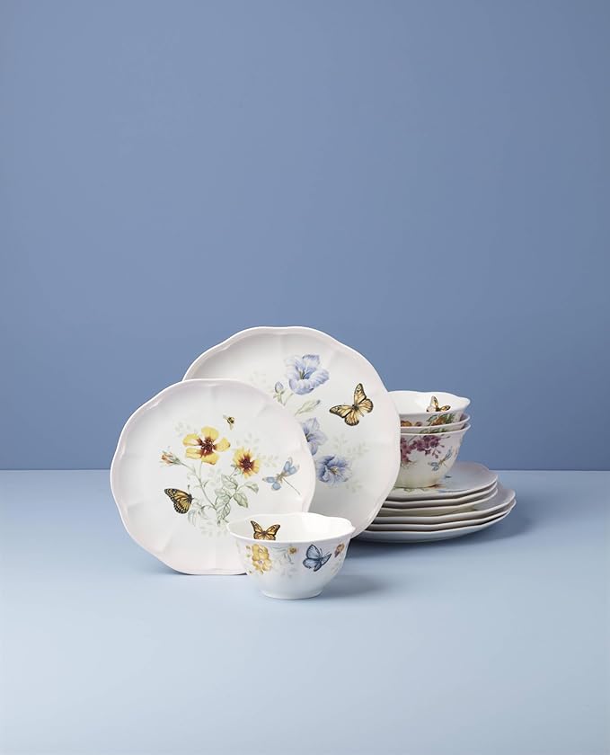 Lenox Dinnerware Set Butterfly Meadow Pink 12-Piece Set Service For 4 Porcelain Bowls Plates And Bowls Set Microwave Safe Dishwasher Safe Dishes Home &amp Kitchen (Assorted 12 Pieces)