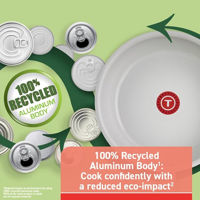 T-fal Fresh Gourmet Recycled Ceramic Non Stick Cookware Set 12 Piece Oven Broiler Safe 500F Lid Safe 350F Kitchen Cooking Set W/Fry Pans Saucepans Dutch Oven Utensils Pots and Pans Set Grey