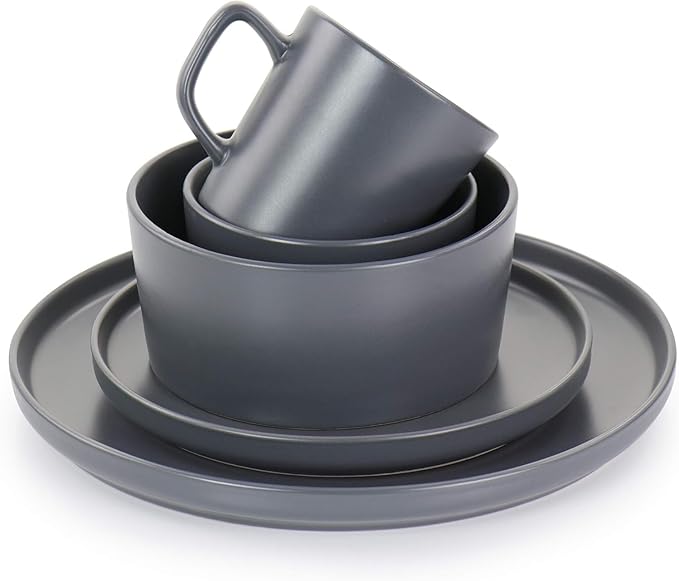 Luxmatte 20-Piece Stoneware Dinnerware Set – Modern Matte Finish Dish Set for 4 Microwave &amp Dishwasher Safe – Includes Dinner Plates Salad Plates Bowls and Mugs in Four Colors (Dark Grey)