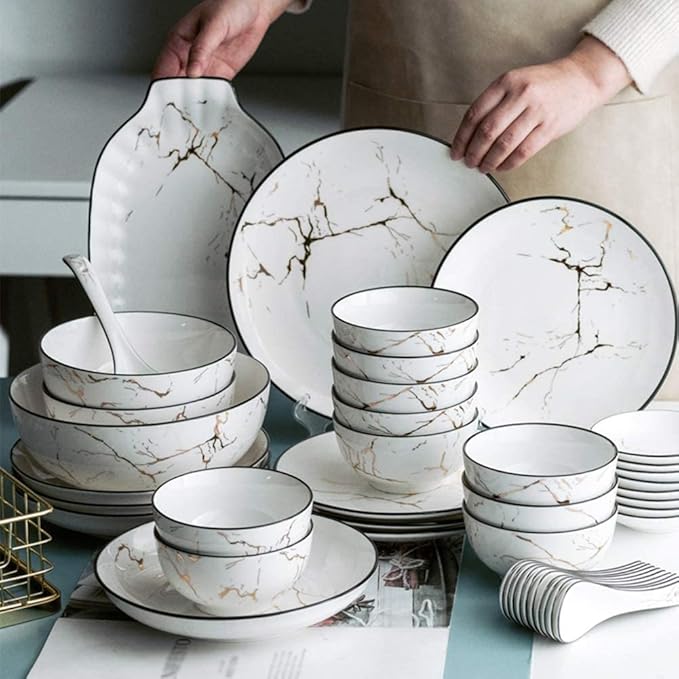 10 Piece Marble Design Bone China Dinnerware Set White Porcelain Plates And Bowls Plate Set