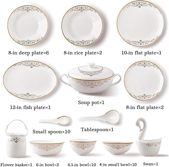 Palace Style Plate Set –China Dinnerware Set Dinner Plate Ceramics Dinnerware Set 48 Pieces Phnom Bone China Plates and Bowls Sets