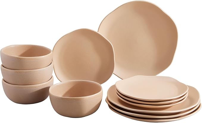 Corona Dinnerware Set 12–piece Plates and Bowls Set Ceramic Sets for 4 Microwave and Dishwasher Safe Areia Modern Organic Shape.