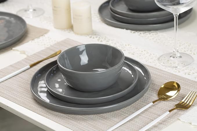 Famiware Mars Plates and Bowls Set of 12 and Milkyway 4oz Dipping Bowls Set of 6 18 Pieces Dinnerware Sets Dark Gray