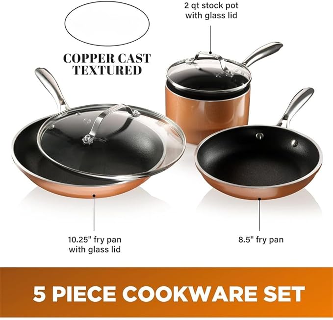 Copper Cast 5 Piece Cookware Pots and Pan Set with Triple Coated Nonstick Copper Surface Aluminum Composition for Even Heating5 PcOne