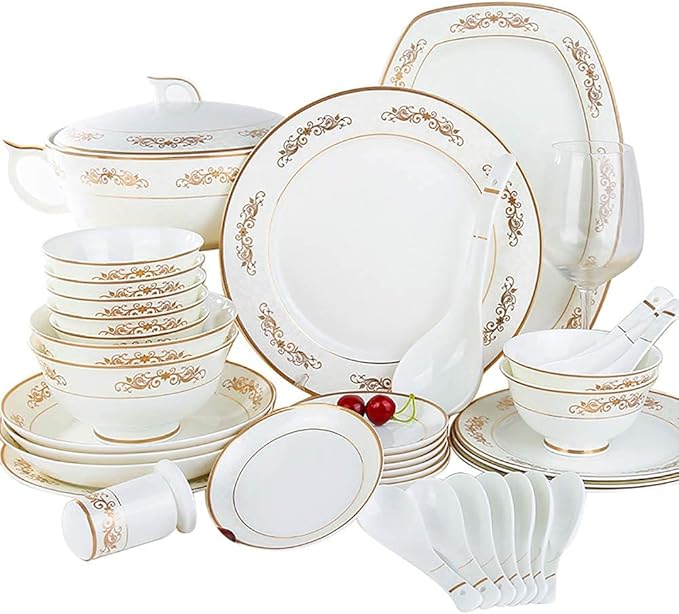 50 Pieces Bone China Dinnerware Set Kitchen White Porcelain Round Plates Dishes Bowls Chip Resistant Scratch Resistant Service for 10