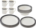 Portmeirion Potter's Stripe 16-Piece Dinnerware Set - Black Rimmed Plates &amp Bowls with Mugs Earthenware Dinnerware for Everyday Dining - Dishwasher &amp Microwave Safe Service for 4 Casual Dini
