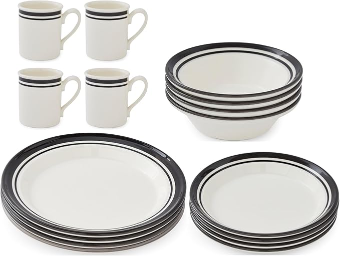 Portmeirion Potter's Stripe 16-Piece Dinnerware Set - Black Rimmed Plates &amp Bowls with Mugs Earthenware Dinnerware for Everyday Dining - Dishwasher &amp Microwave Safe Service for 4 Casual Dini