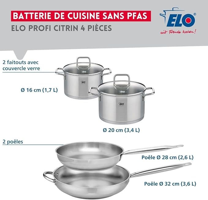 ELO 9508950 Cookware Set 4 Pieces 2 Frying Pans 28 and 32 cm and 2 Saucepans 16 and 20 cm Elo Profi Citrine Stainless Steel Induction