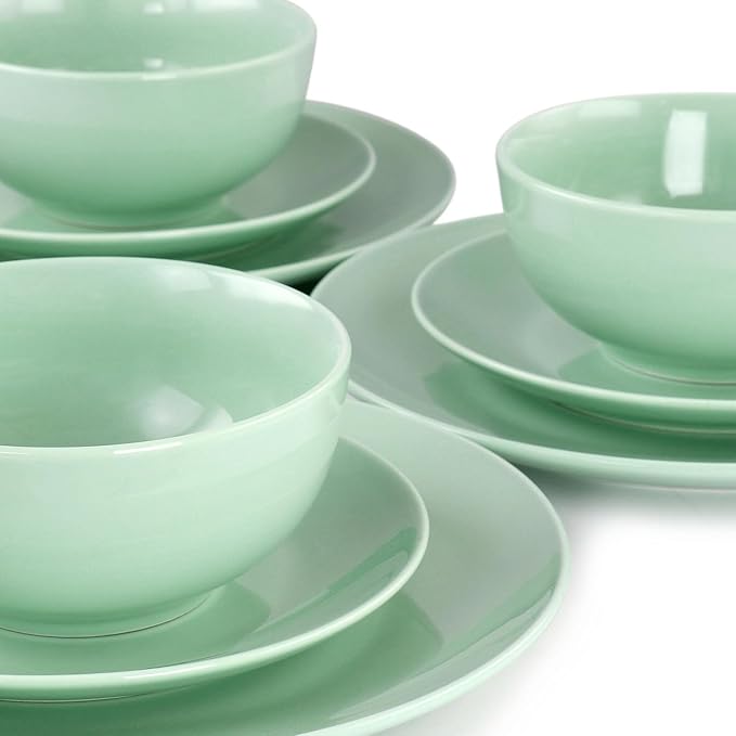 18 Piece Porcelain Dinnerware Set – Service for 6 Microwave &amp Dishwasher Safe Plates and Bowls – Elegant Multicolor Tableware in White Dark Blue Mint Green and Blue (Mint Green)