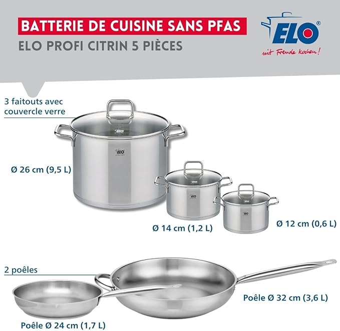 ELO 9506350 Cookware Set 5 Pieces 2 Frying Pans 24 and 32 cm and 3 Saucepans 12 14 and 26 cm Elo Profi Citrine Stainless Steel Induction