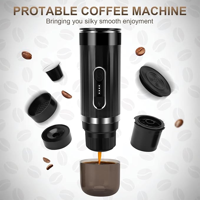 Portable Espresso Machine Travel Espresso Maker Car Coffee Maker Self-Heating with USB-C Compatible with Ground Coffee &amp Capsules (NS＆DG) for RV Hiking Camping Office