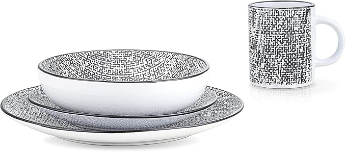 Stone Lain Sophie Rustic Stoneware Dinnerware Service for 4 Black and White Textured 16 Pieces