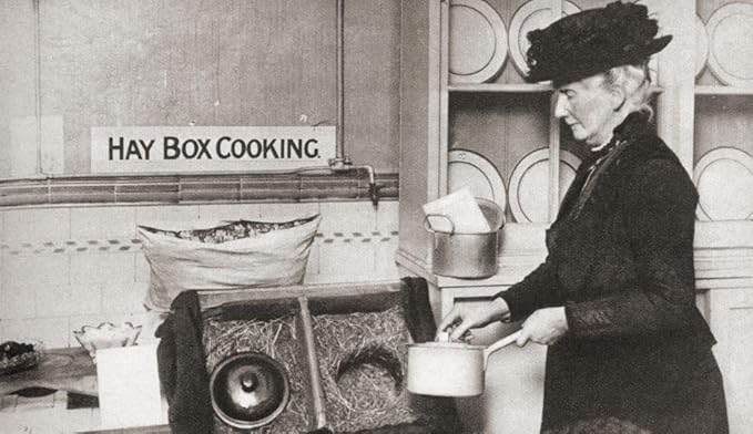 Economy in fuel led to the adoption of the hay box aka straw box fireless cooker insulation cooker wonder oven or retained-heat cookers being used during World War I. These cookers utilized the heat o